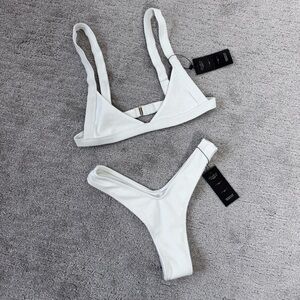 NWT Kira Swim White Ribbed Bikini Set Triangle Top Thong Bottom